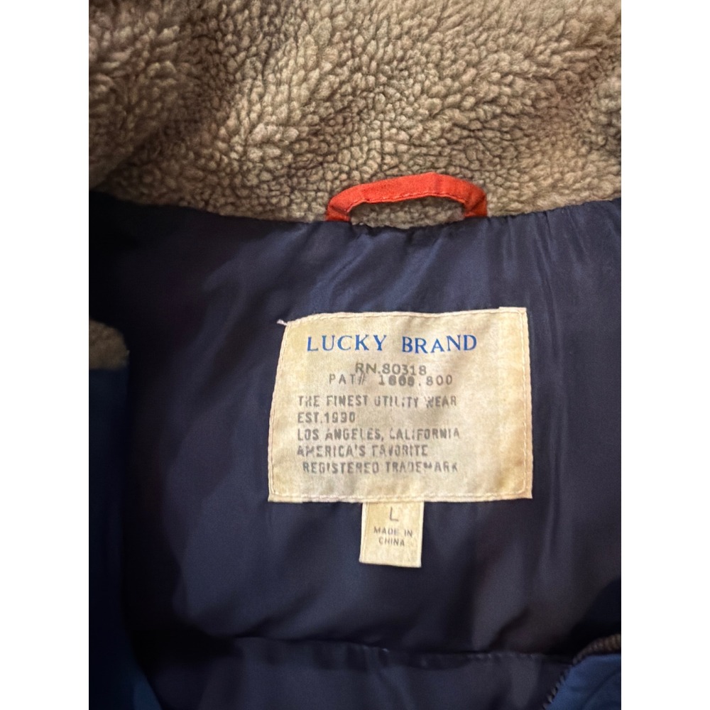 Lucky Brand Mens Blue Puffer Vest Sherpa Lined Collar Full Zip Utility Large